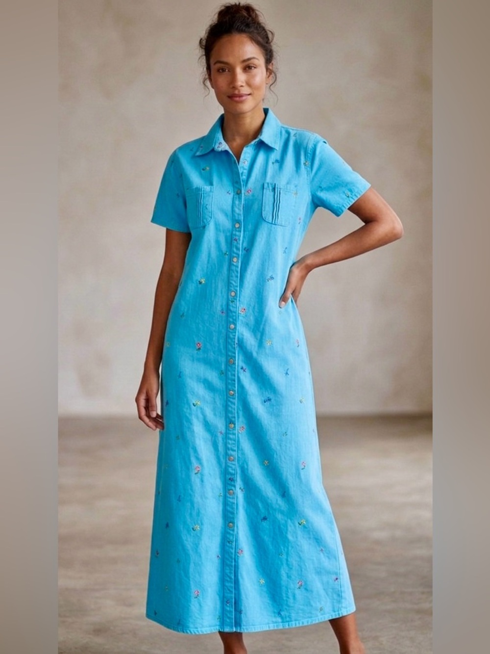 Vintage 90s Denim & Co. Turquoise Blue Denim Floral Embroidered Dress, Size M - Picture 3 of 6